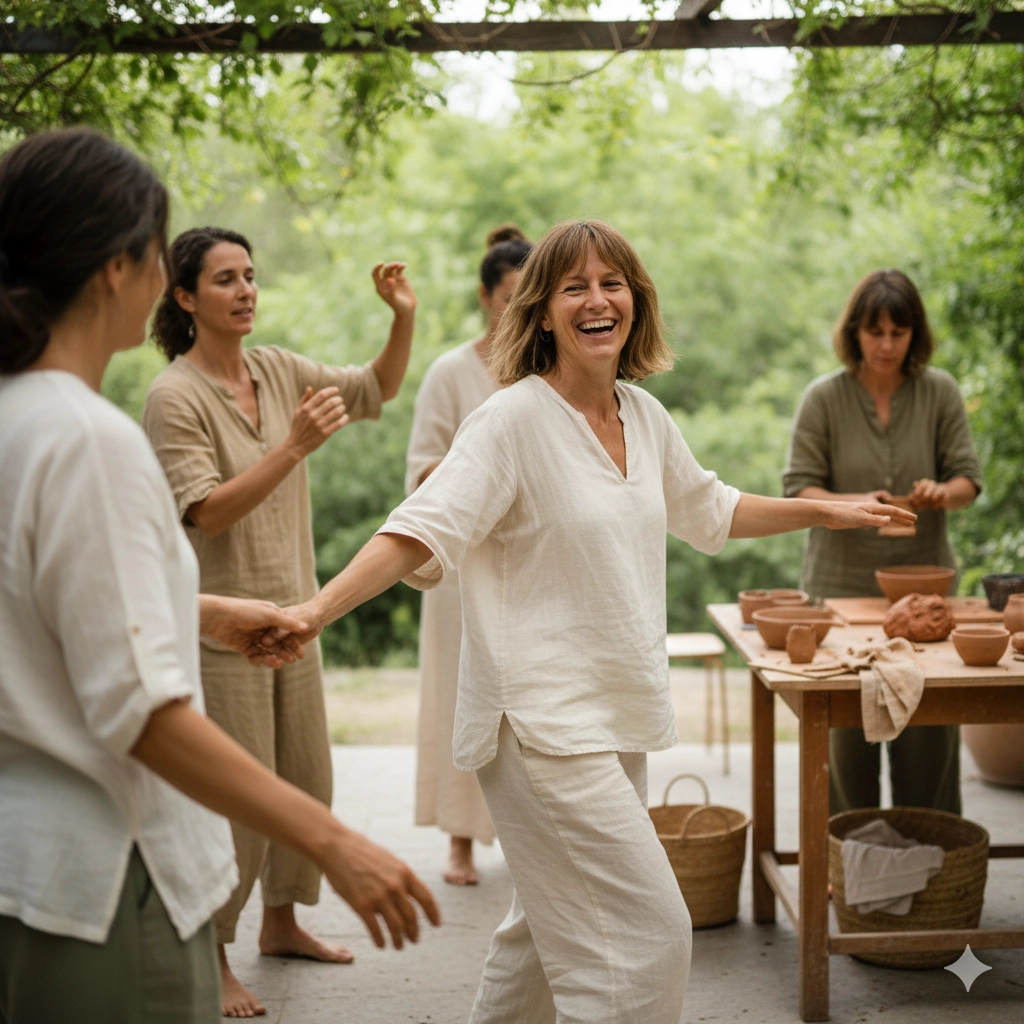Grupo de mujeres sonriendo y disfrutando de un taller de biodanza y movimiento consciente al aire libre. Actividad de conexión y alegría del Retiro de Belleza Consciente para mujeres del Baix Llobregat y Olesa de Montserrat.