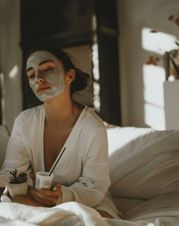 Mujer agotada con mascarilla facial sintiendo el peso del autocuidado y el estrés. Soluciones de bienestar en Estética Mima't, Esparreguera, cerca de Martorell y Abrera.