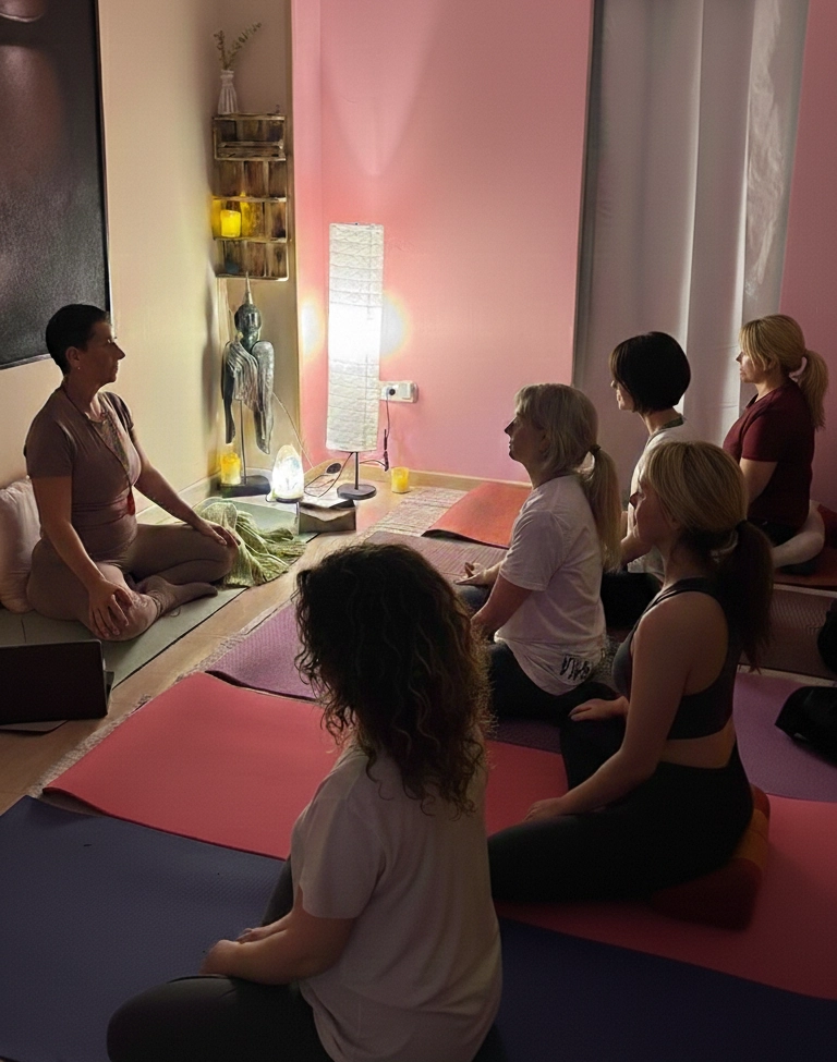 Rosa Pilar Mármol Pérez dirigiendo una sesión de meditaciones guiadas y espacios de escucha en el centro Estética Mima't de Esparreguera. Ideal para mujeres de Olesa de Montserrat y Martorell.