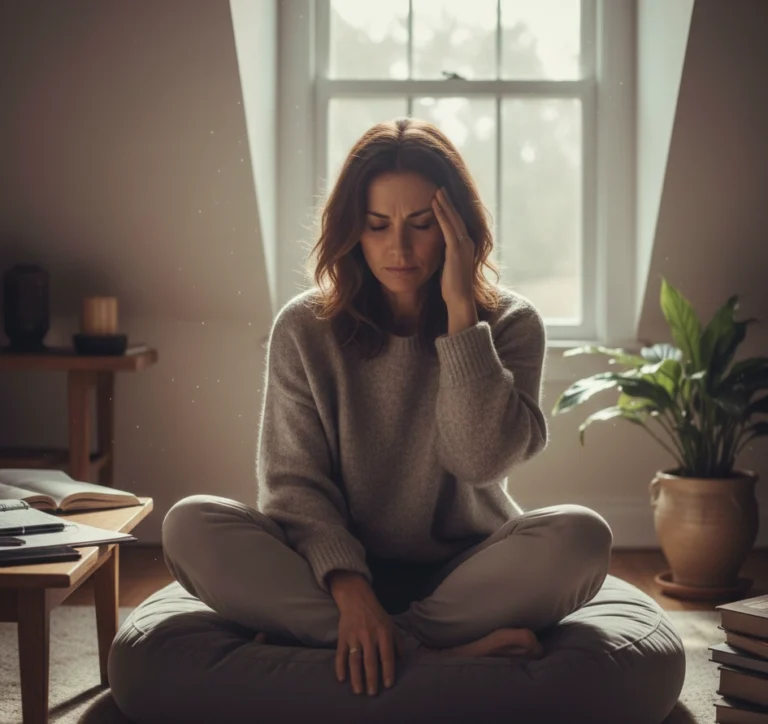 Mujer sintiendo agobio mental, estrés y pérdida de centro emocional. Ayuda para recuperar la paz interior en Esparreguera, Martorell y Olesa de Montserrat.