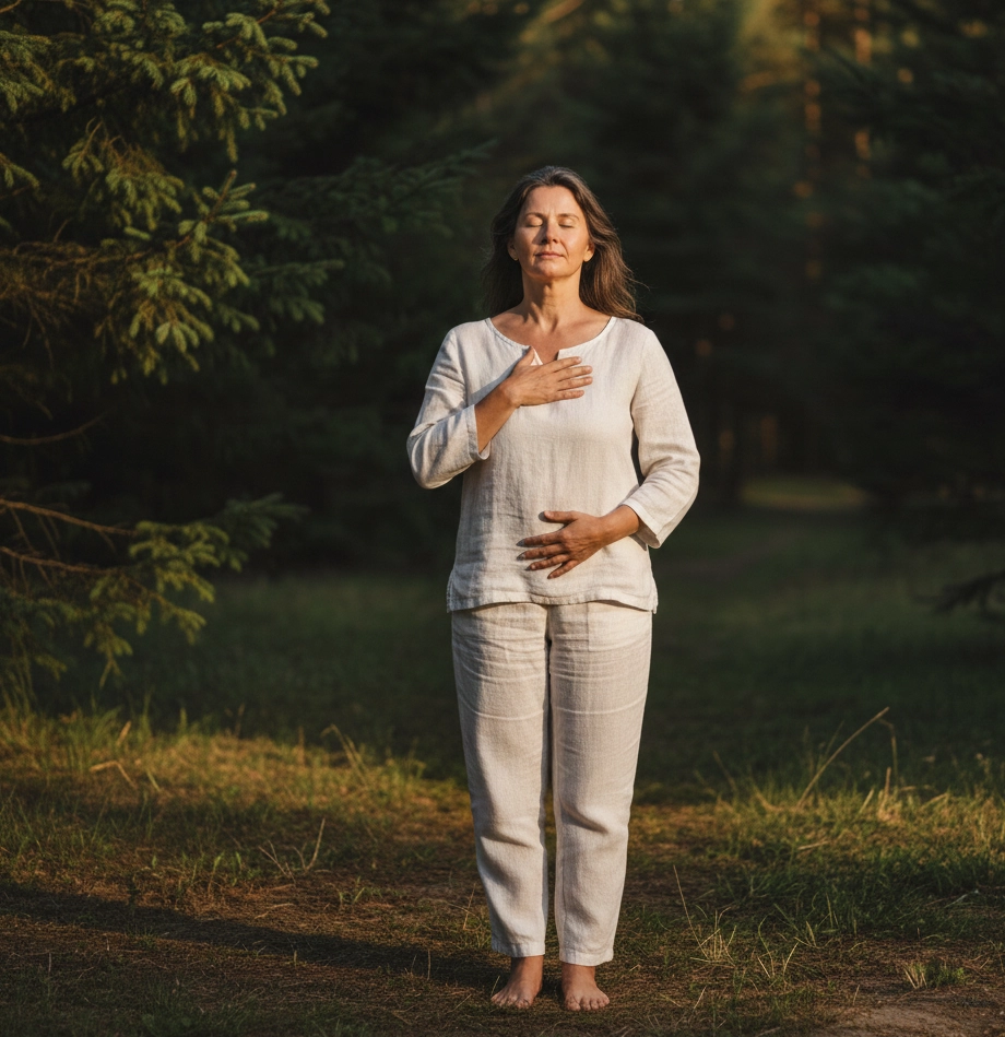 Mujer practicando técnicas de respiración consciente y relajación en un entorno natural. Herramientas para reducir la ansiedad en el Retiro cerca de Esparreguera y Olesa de Montserrat.
