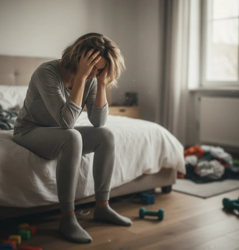 Mujer agobiada y estresada sentada en la cama representando el cansancio emocional. Ayuda para el estrés y la ansiedad en Esparreguera, Martorell y Olesa de Montserrat.